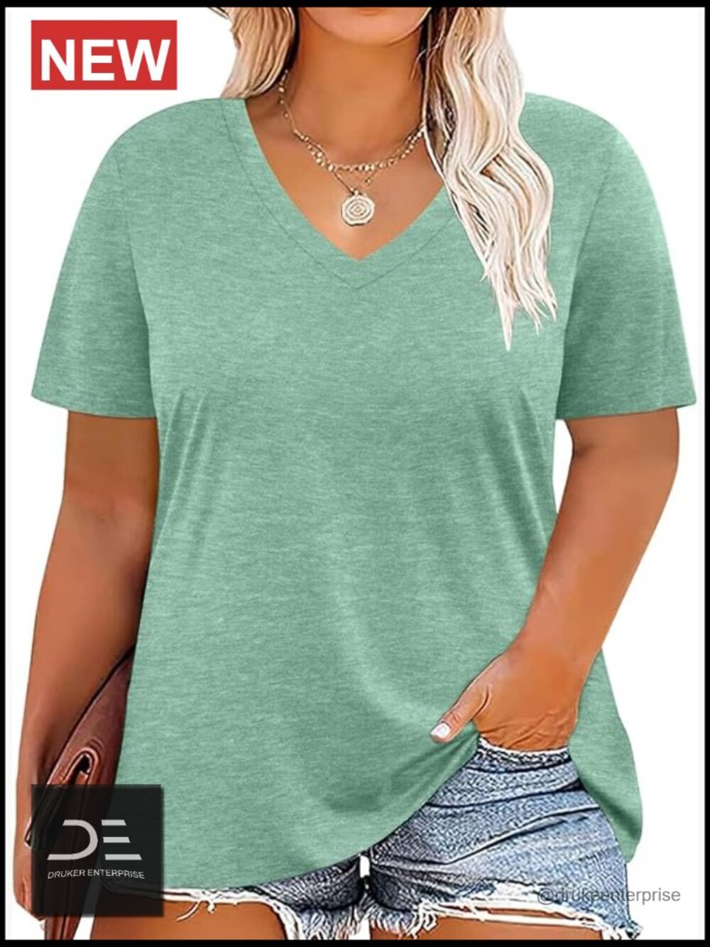 Plus Size V-Neck Graphic Tee Flowy Cover Hip Length